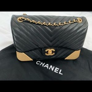 CHANEL Calfskin Chevron Quilted Mini Studded Rock the Corner Flap Bag